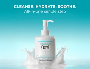 Curél Hydrating Makeup Cleanser surrounded by splashing milky texture